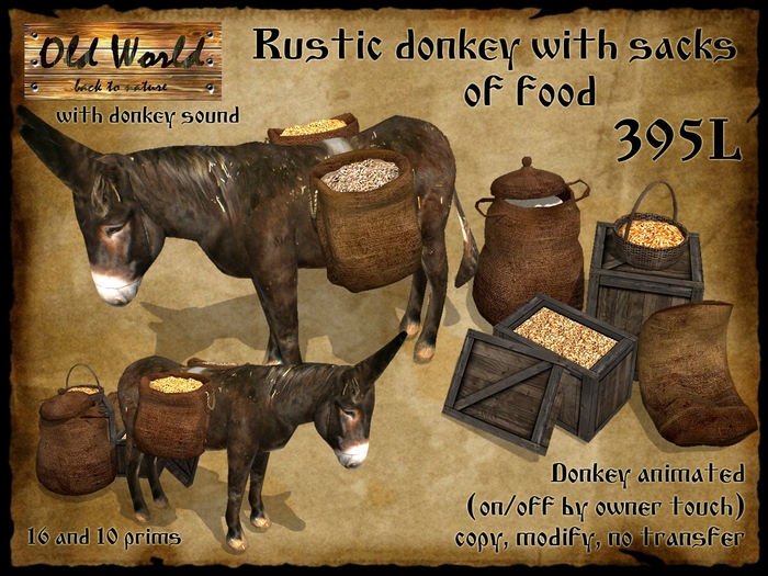 Second Life Marketplace Rustic donkey with sacks of food Old World